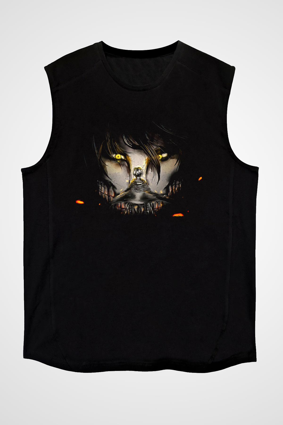 Attack On Titan Baskılı Unisex Siyah Kolsuz Tişört - Tshirt