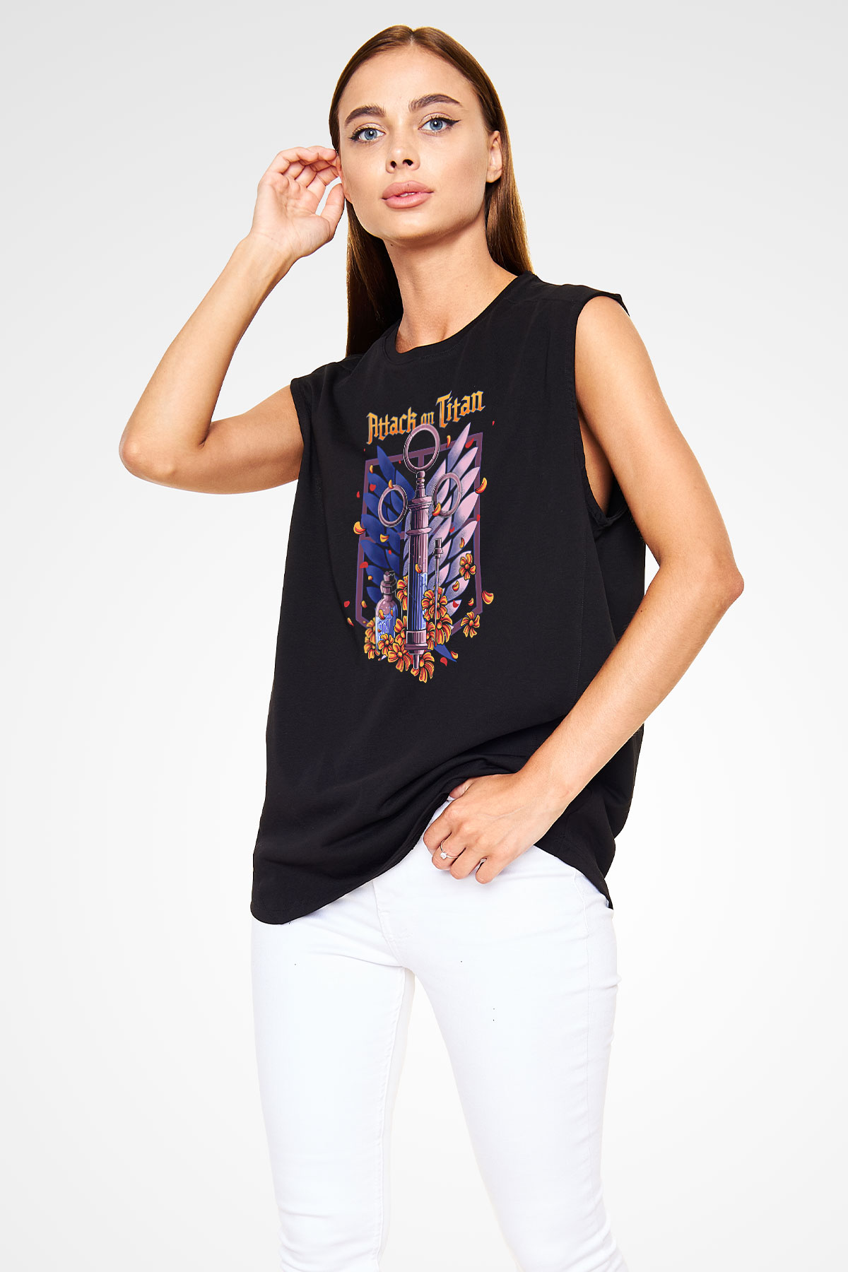 Attack On Titan Baskılı Unisex Siyah Kolsuz Tişört - Tshirt