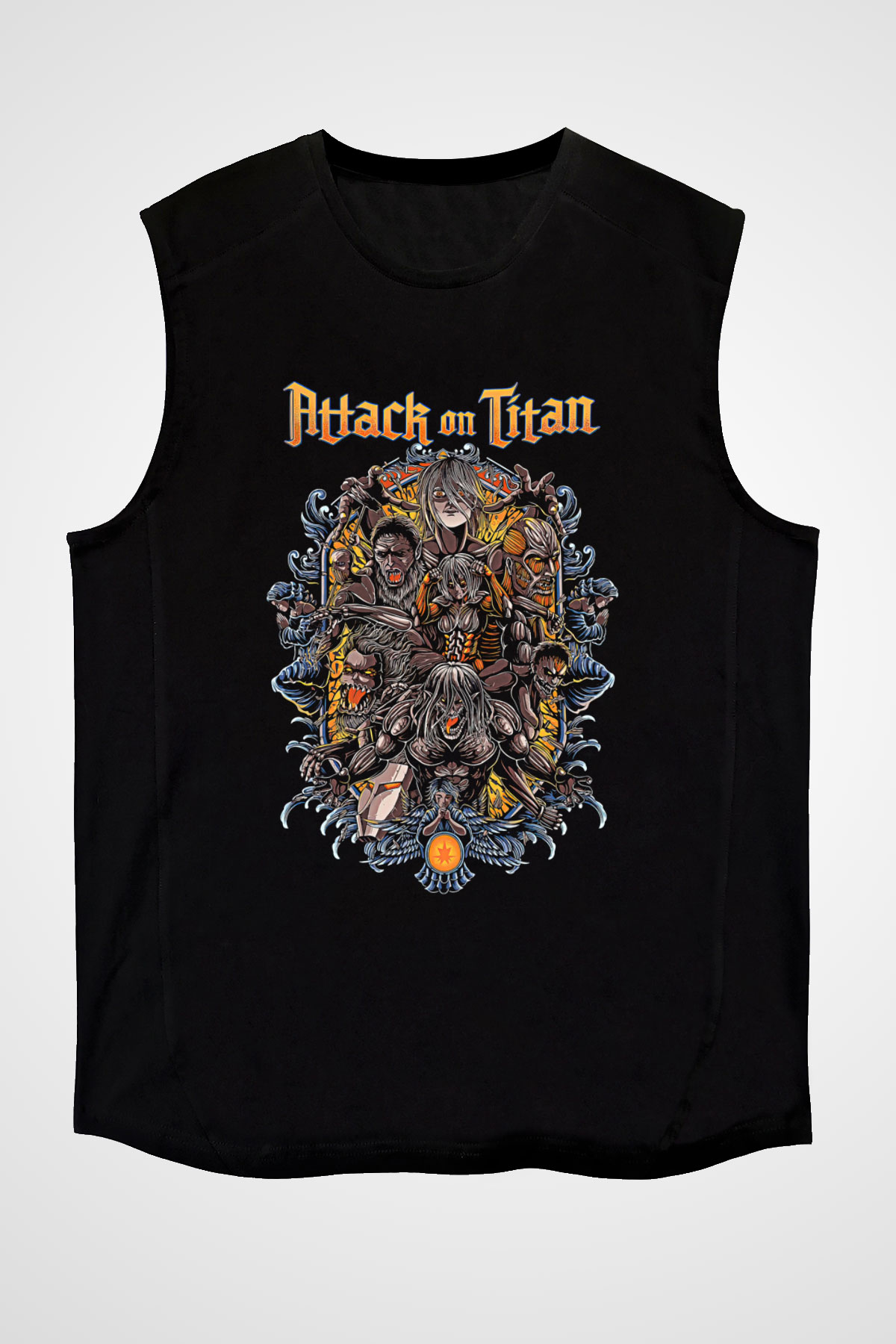 Attack On Titan Baskılı Unisex Siyah Kolsuz Tişört - Tshirt