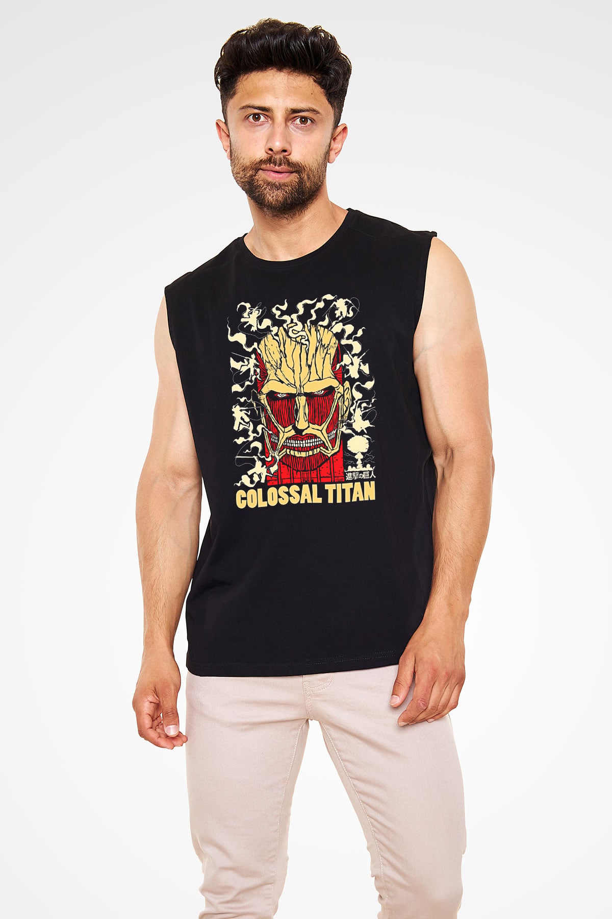 Attack On Titan Baskılı Unisex Siyah Kolsuz Tişört - Tshirt