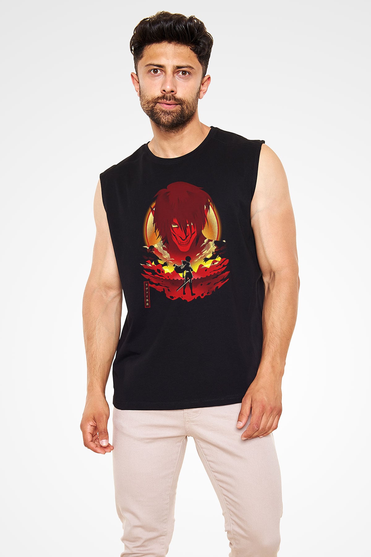 Attack On Titan Baskılı Unisex Siyah Kolsuz Tişört - Tshirt