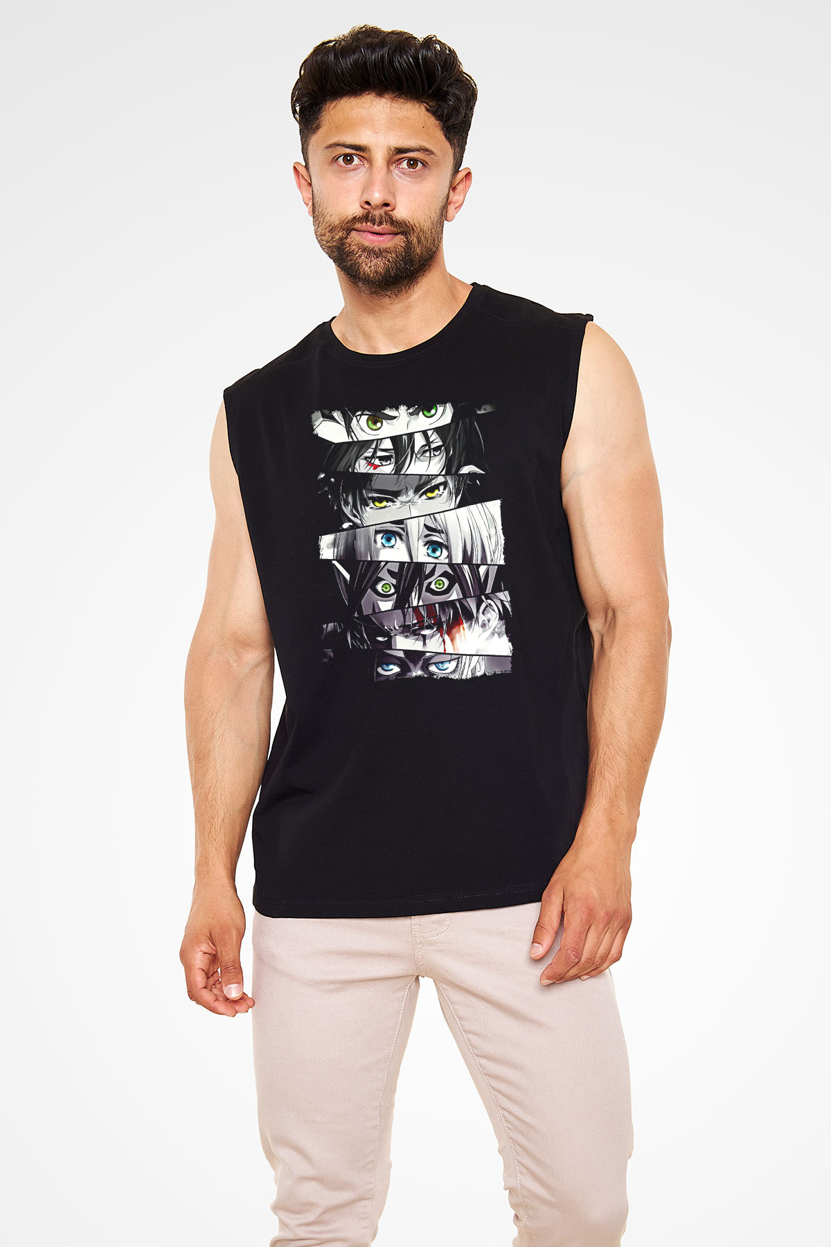 Attack On Titan Baskılı Unisex Siyah Kolsuz Tişört - Tshirt