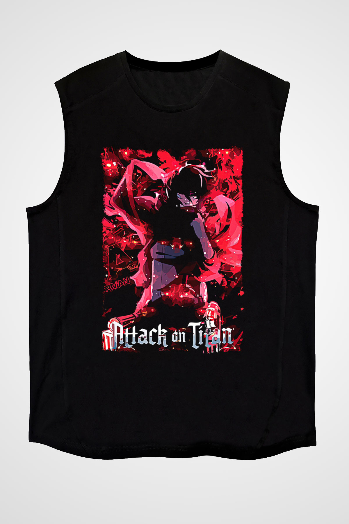 Attack On Titan Baskılı Unisex Siyah Kolsuz Tişört - Tshirt