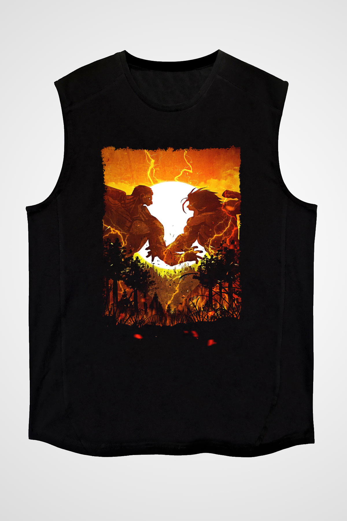 Attack On Titan Baskılı Unisex Siyah Kolsuz Tişört - Tshirt