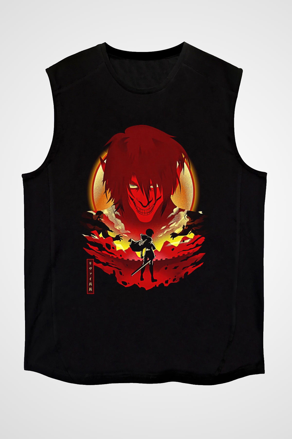 Attack On Titan Baskılı Unisex Siyah Kolsuz Tişört - Tshirt