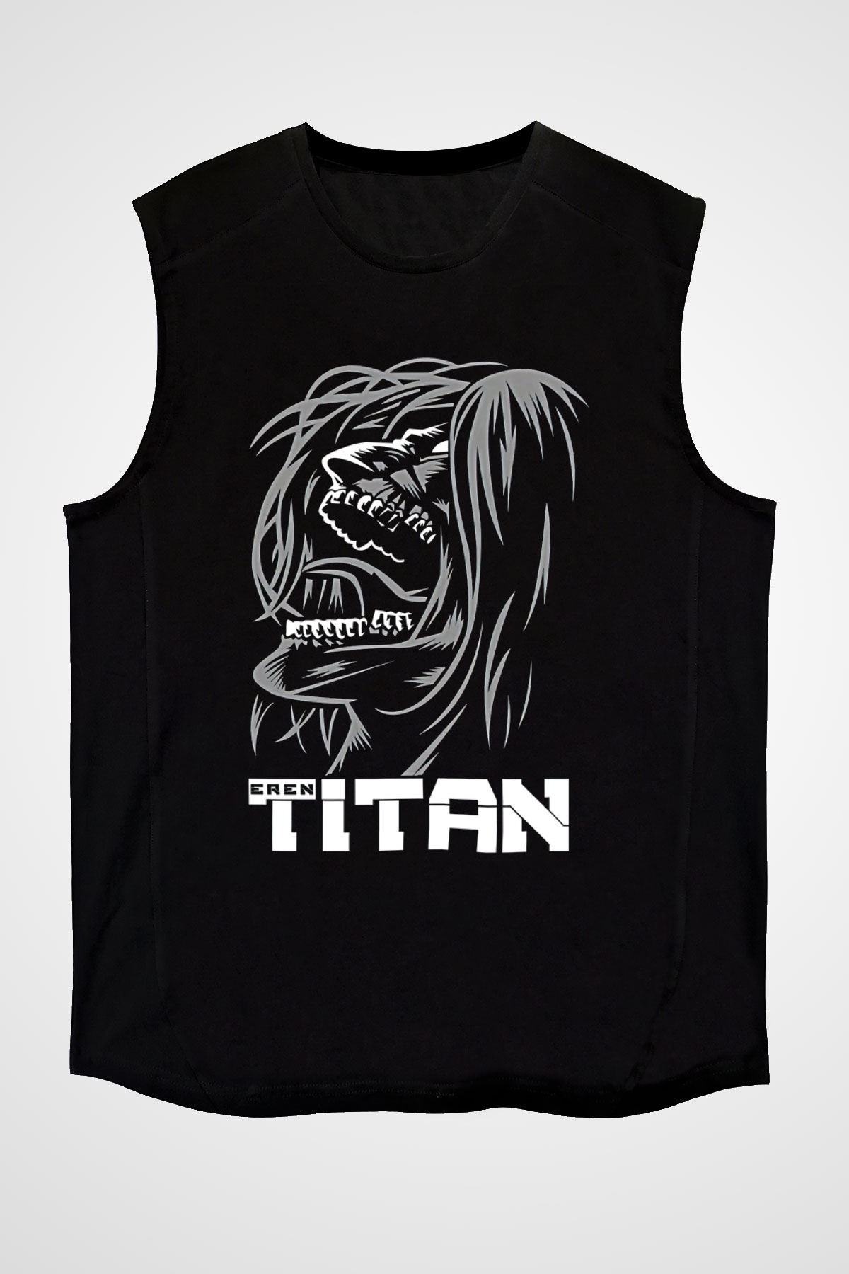 Attack On Titan Baskılı Unisex Siyah Kolsuz Tişört - Tshirt