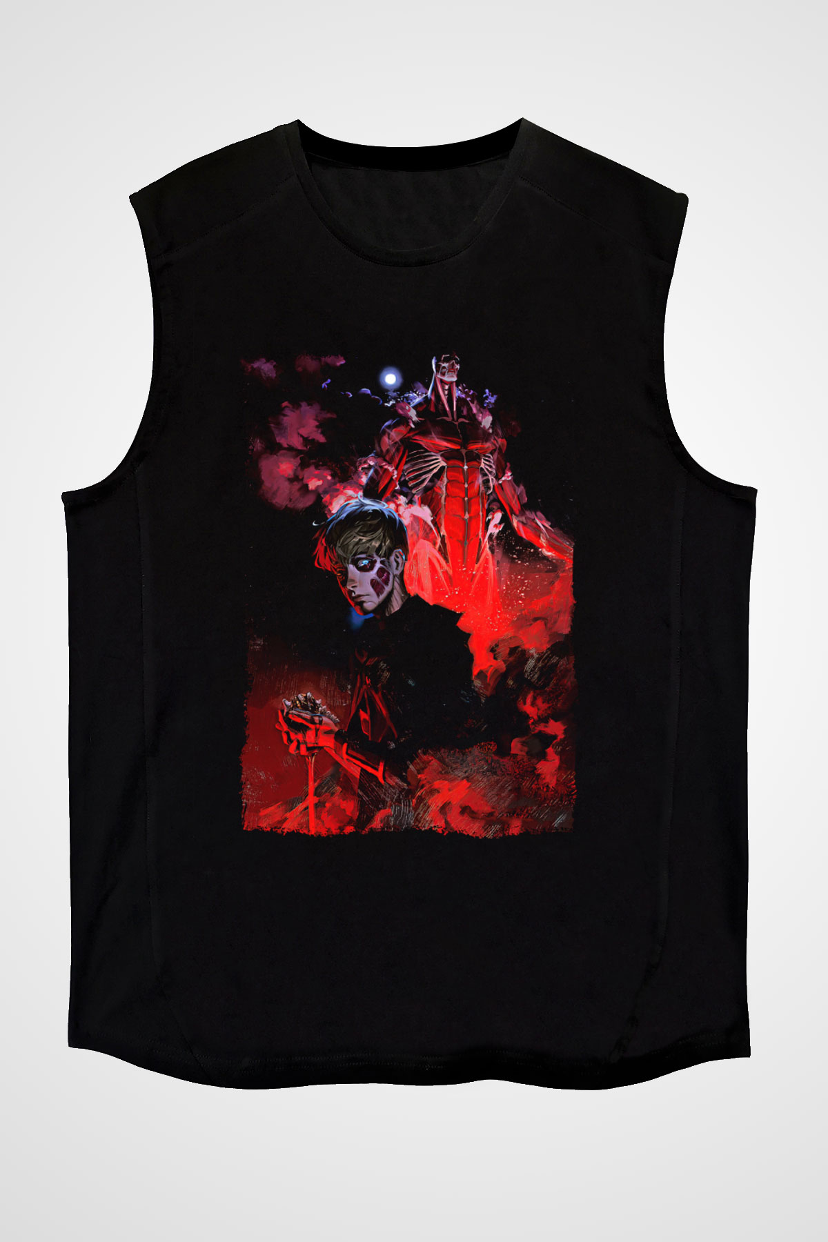 Attack On Titan Baskılı Unisex Siyah Kolsuz Tişört - Tshirt