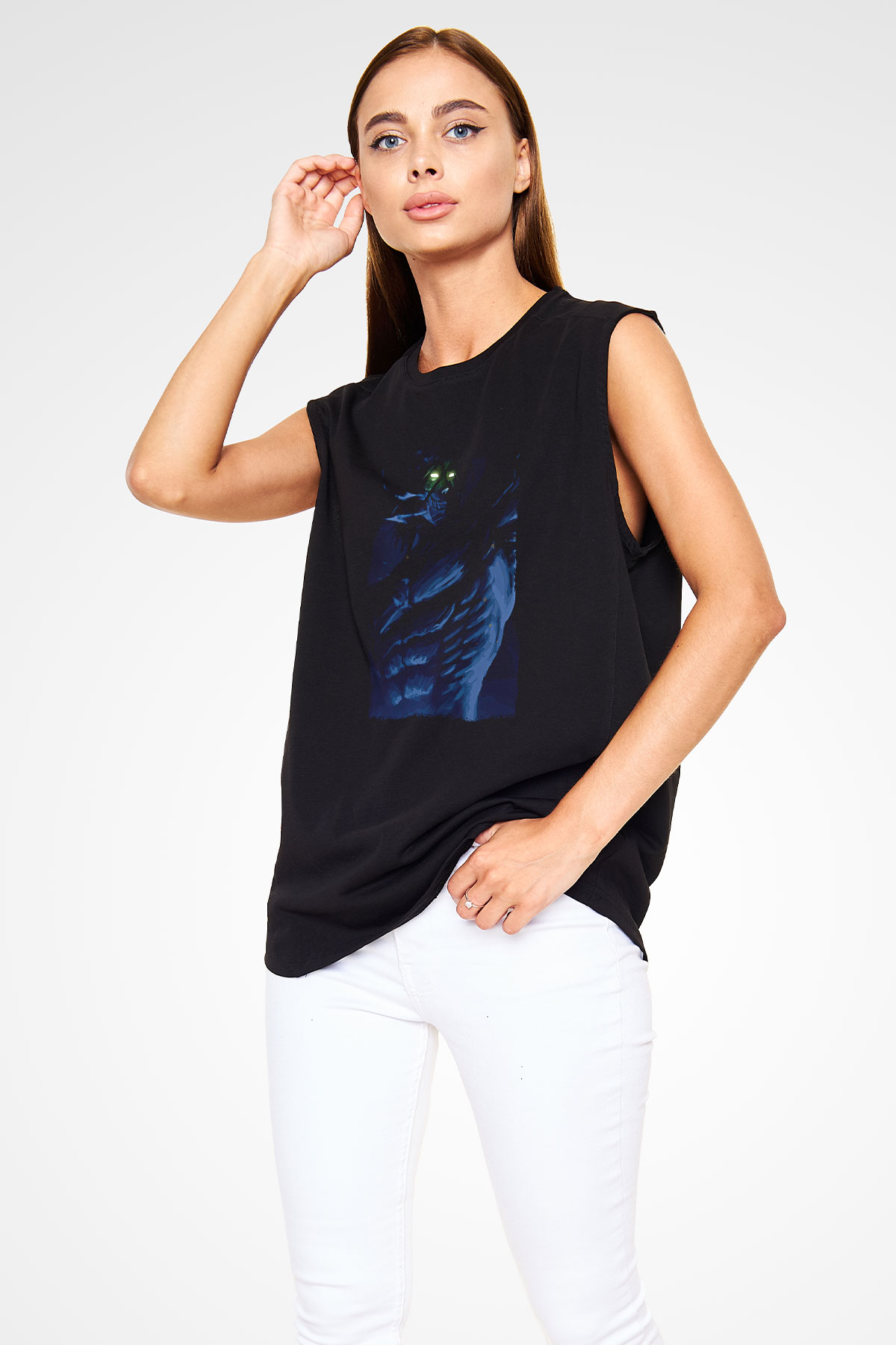 Attack On Titan Baskılı Unisex Siyah Kolsuz Tişört - Tshirt