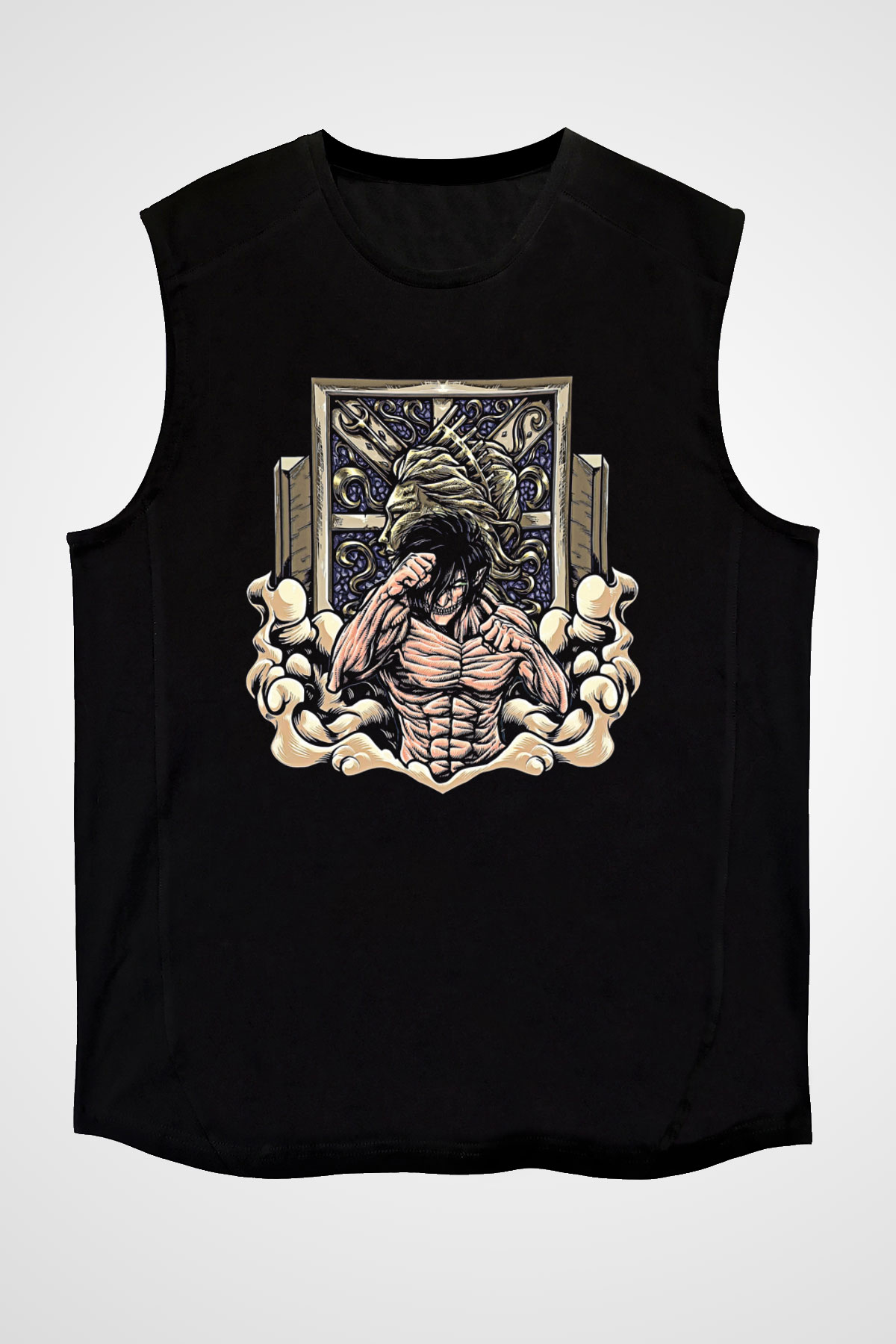 Attack On Titan Baskılı Unisex Siyah Kolsuz Tişört - Tshirt