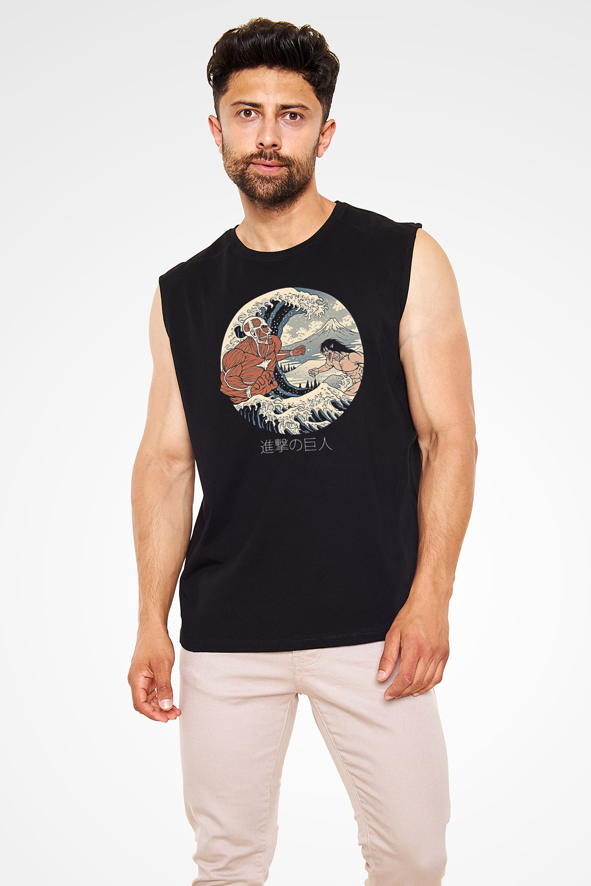 Attack On Titan Baskılı Unisex Siyah Kolsuz Tişört - Tshirt