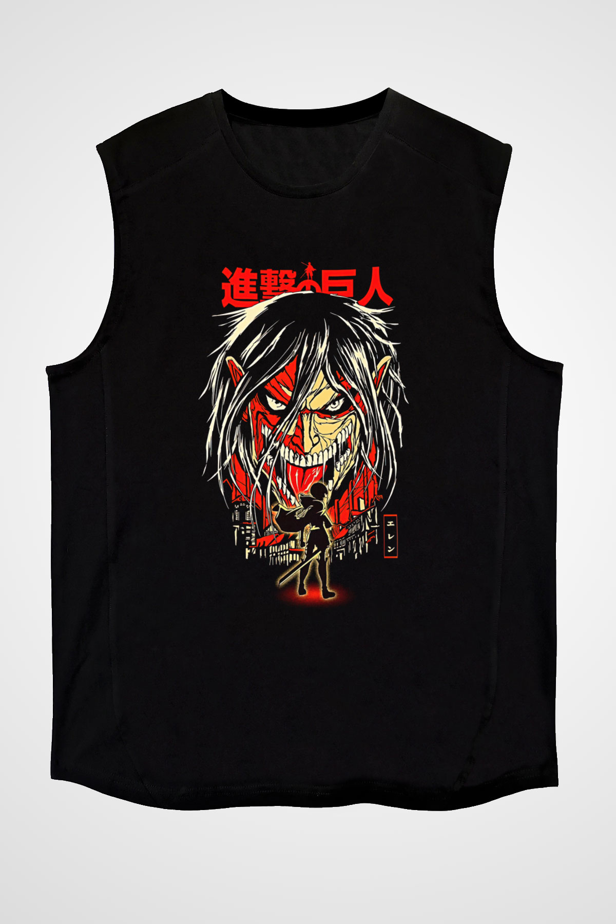 Attack On Titan Baskılı Unisex Siyah Kolsuz Tişört - Tshirt