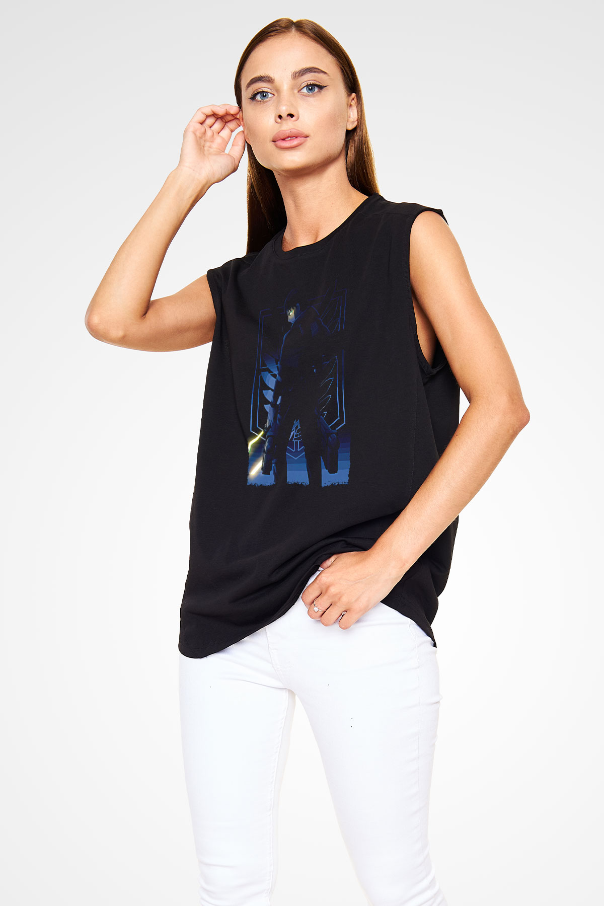 Attack On Titan Baskılı Unisex Siyah Kolsuz Tişört - Tshirt