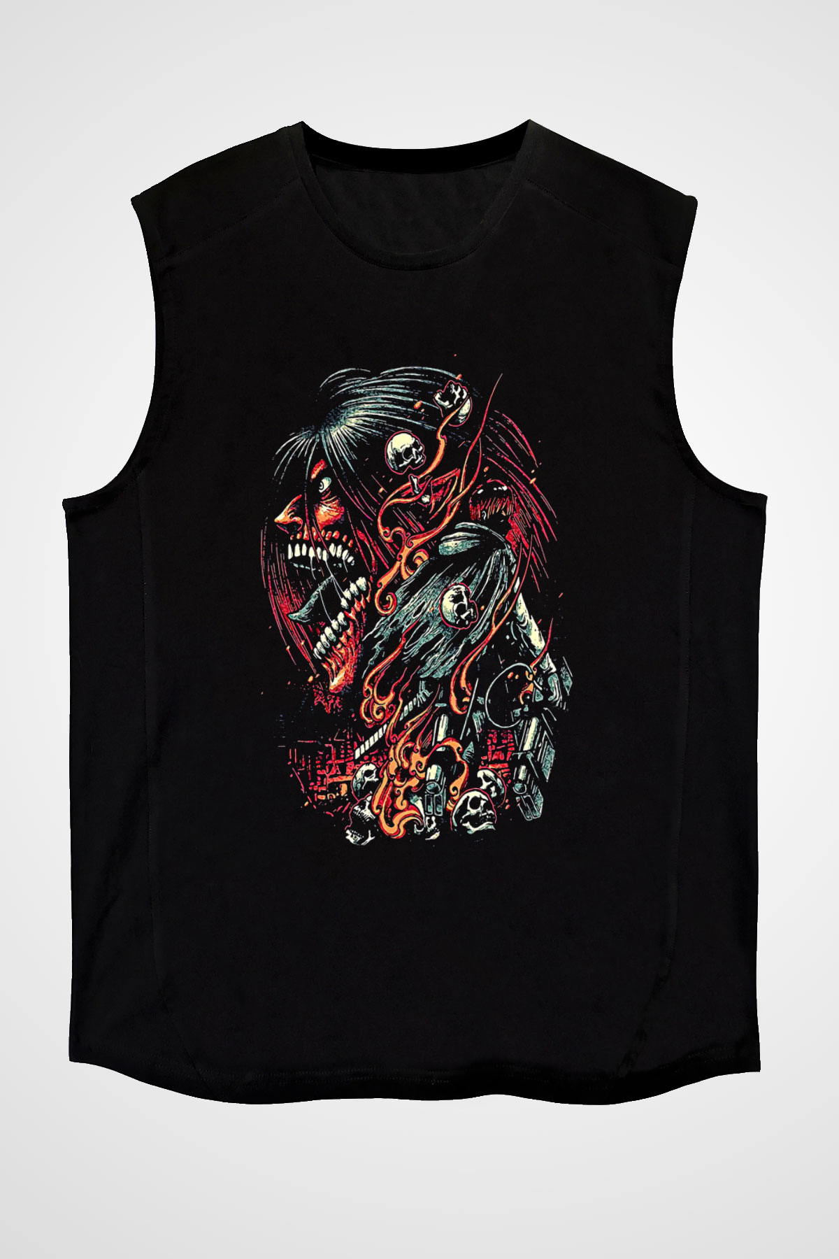Attack On Titan Baskılı Unisex Siyah Kolsuz Tişört - Tshirt