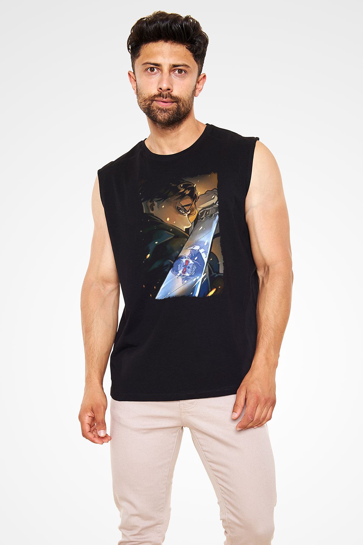 Attack On Titan Baskılı Unisex Siyah Kolsuz Tişört - Tshirt