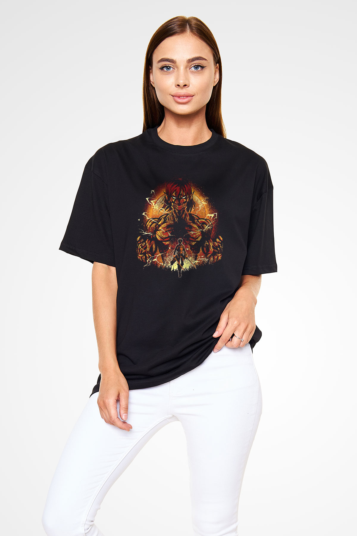 Attack On Titan Baskılı Unisex Siyah Oversize Tişört - Tshirt
