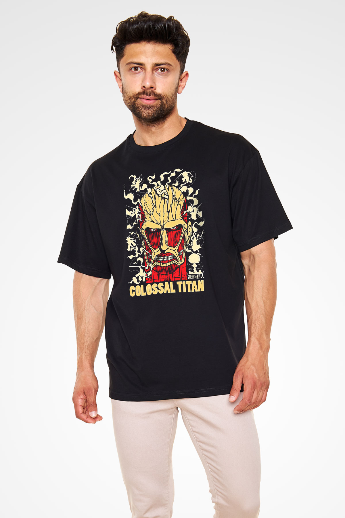 Attack On Titan Baskılı Unisex Siyah Oversize Tişört - Tshirt