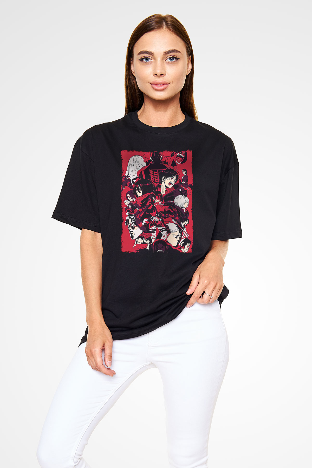 Attack On Titan Baskılı Unisex Siyah Oversize Tişört - Tshirt