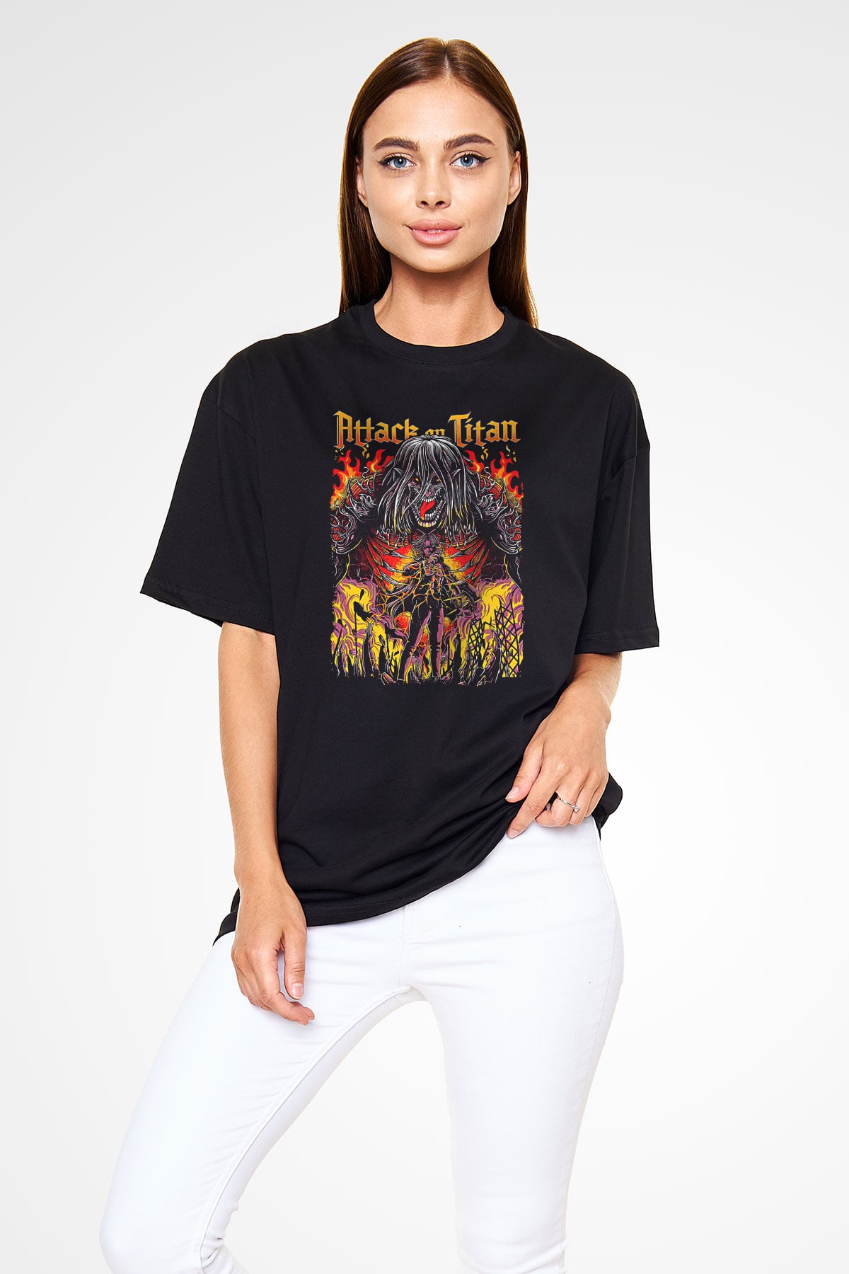 Attack On Titan Baskılı Unisex Siyah Oversize Tişört - Tshirt