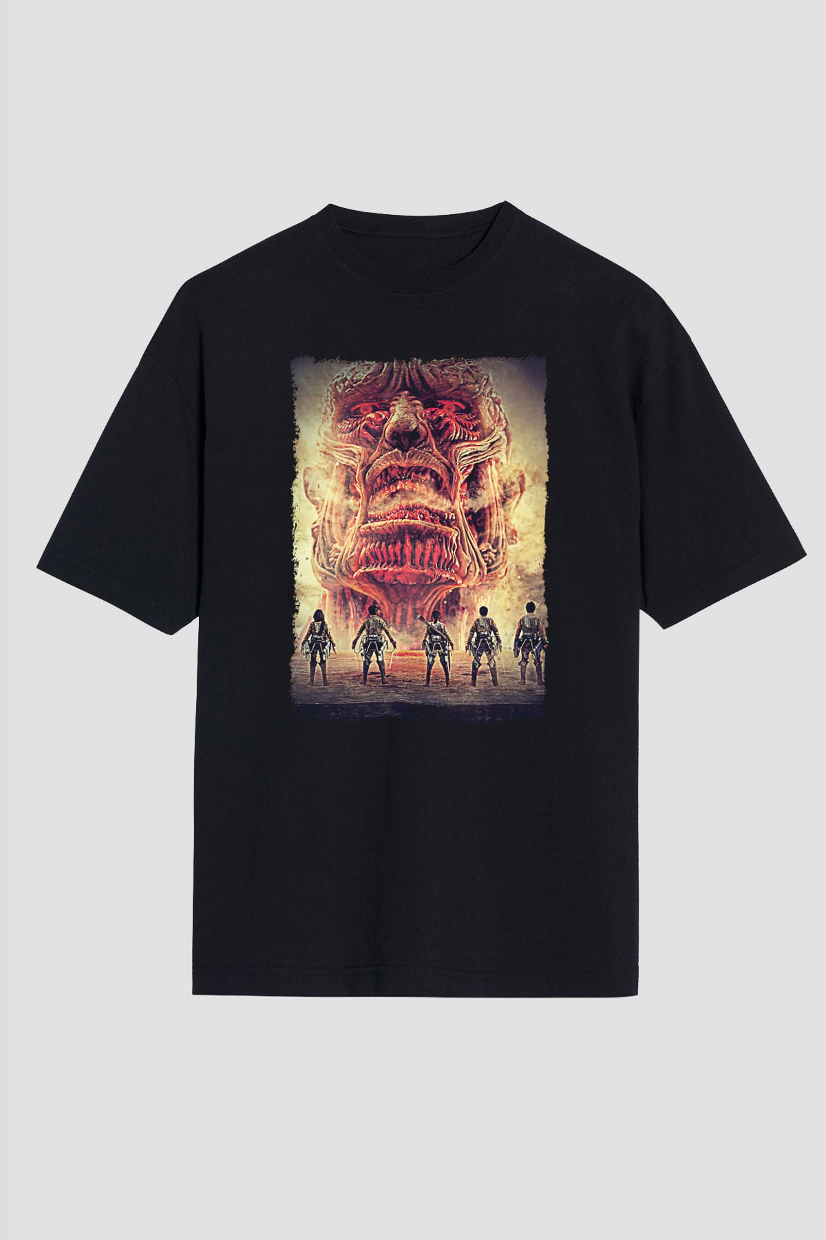 Attack On Titan Baskılı Unisex Siyah Oversize Tişört - Tshirt