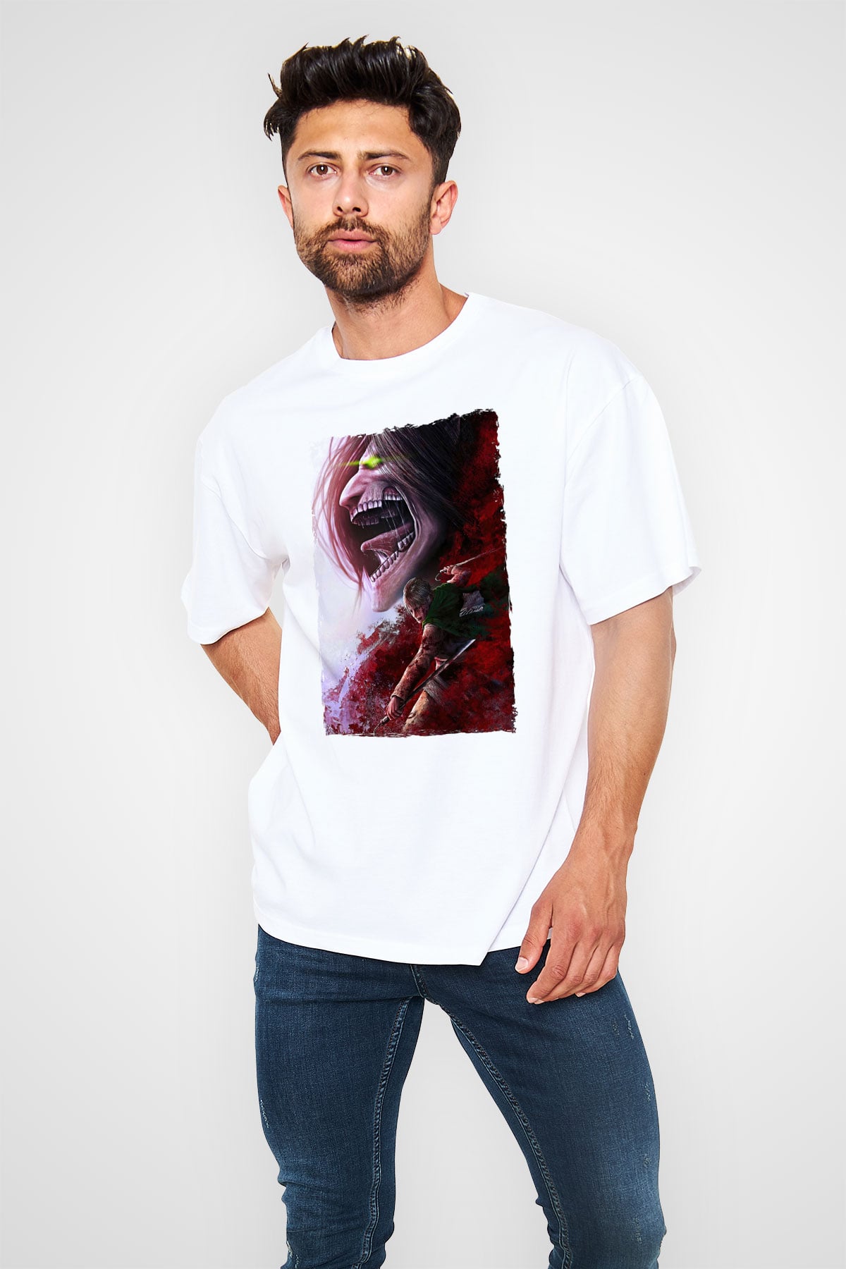 Attack On Titan Baskılı Unisex Siyah Oversize Tişört - Tshirt