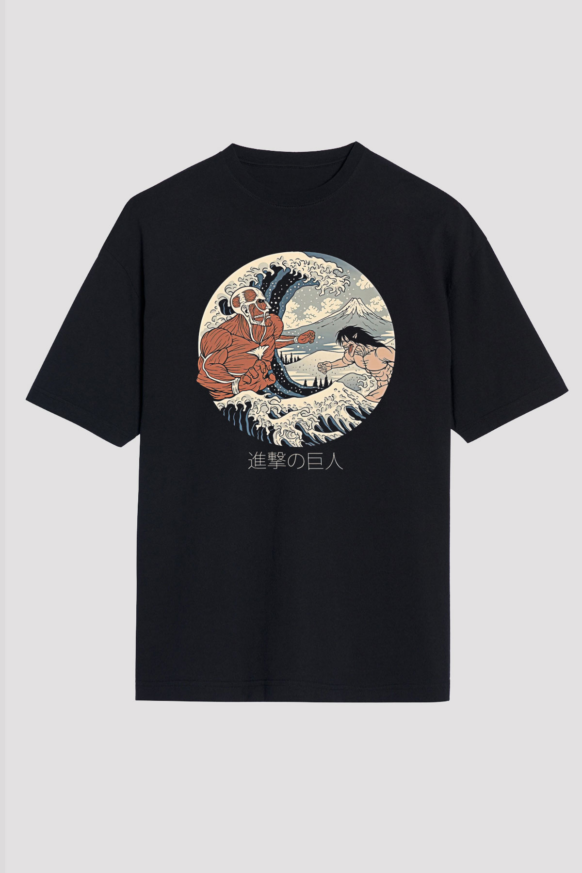 Attack On Titan Baskılı Unisex Siyah Oversize Tişört - Tshirt