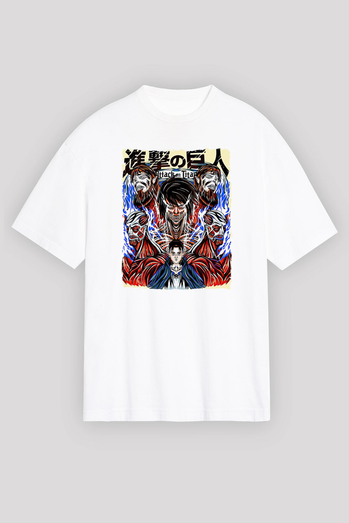 Attack On Titan Baskılı Unisex Siyah Oversize Tişört - Tshirt
