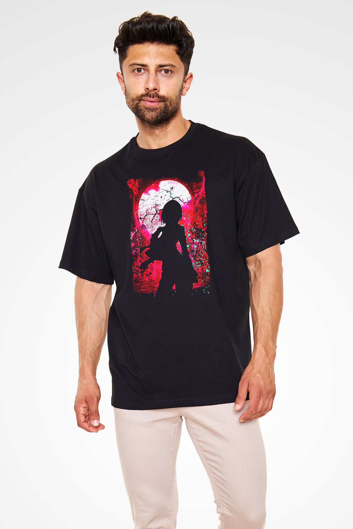 Attack On Titan Baskılı Unisex Siyah Oversize Tişört - Tshirt