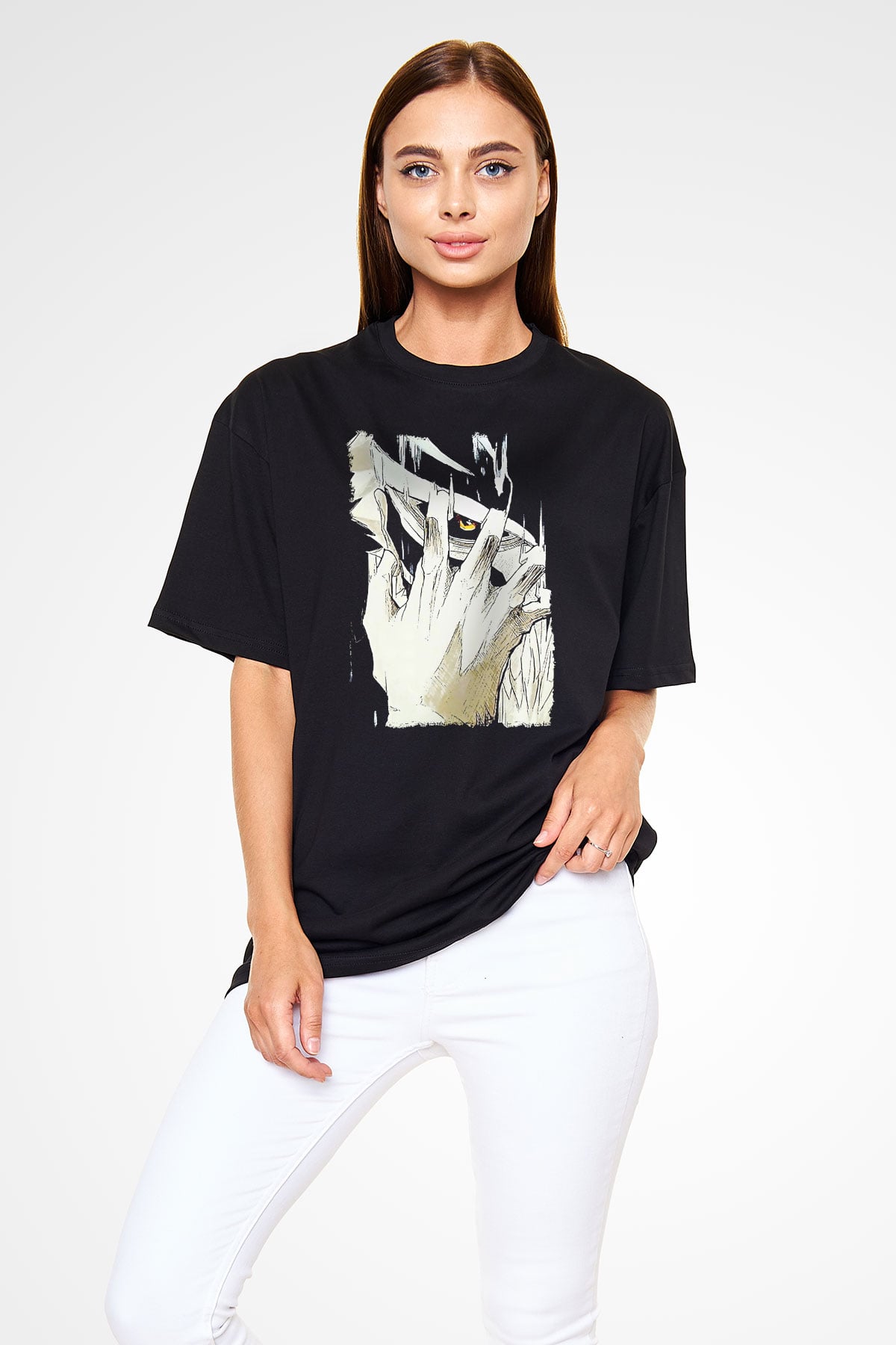 Attack On Titan Baskılı Unisex Siyah Oversize Tişört - Tshirt