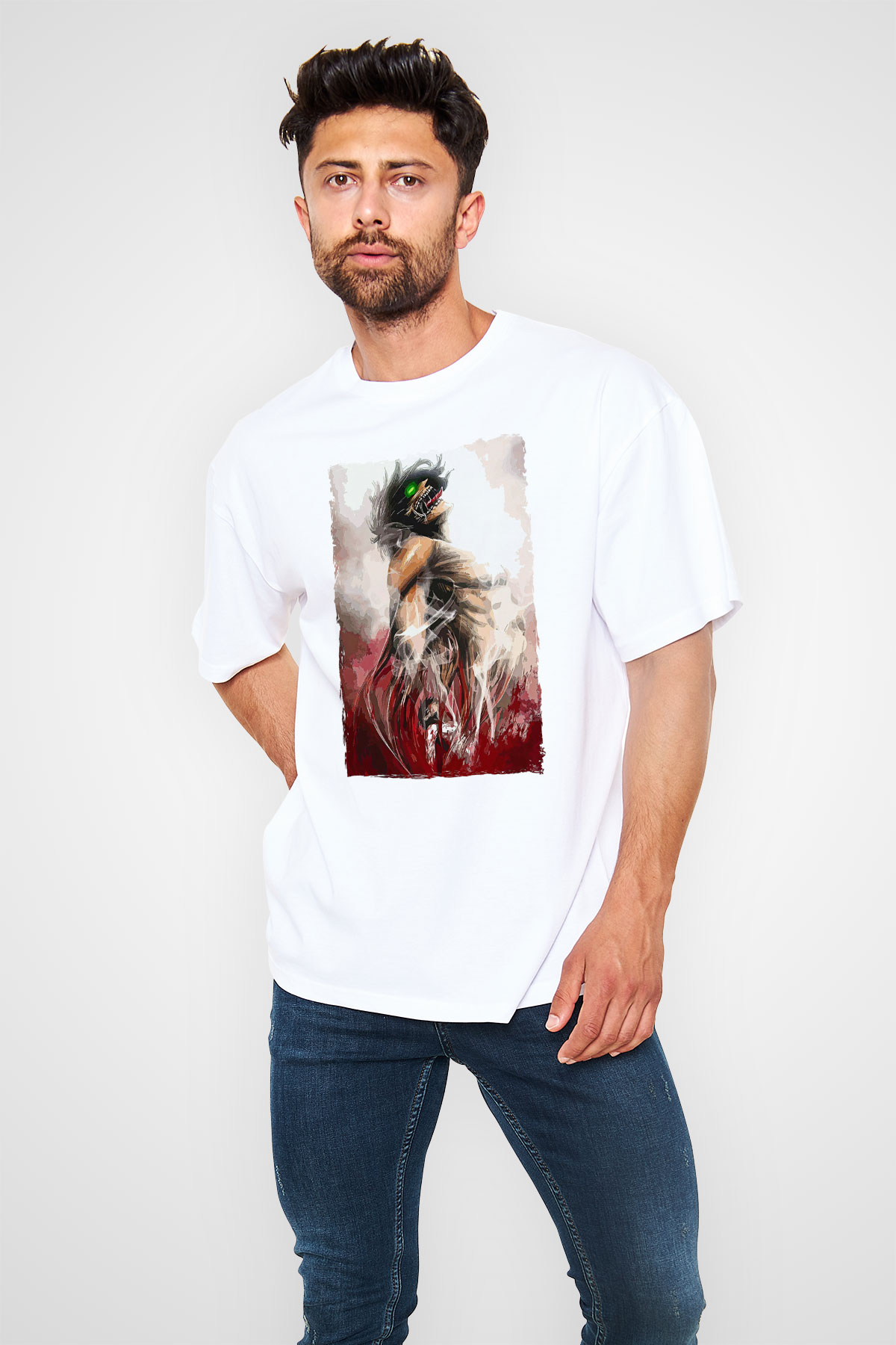 Attack On Titan Baskılı Unisex Siyah Oversize Tişört - Tshirt