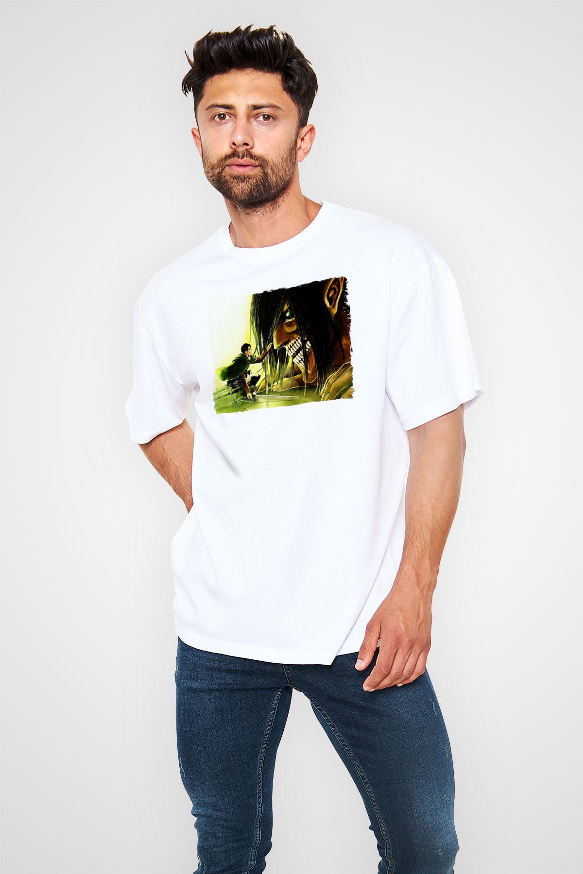 Attack On Titan Baskılı Unisex Siyah Oversize Tişört - Tshirt