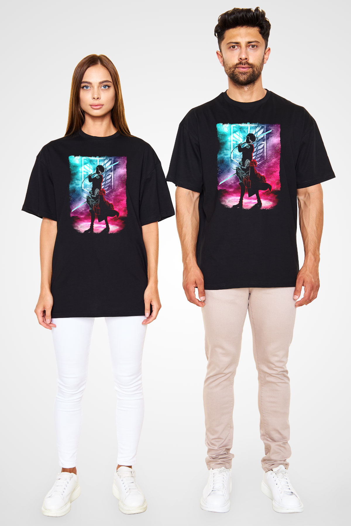 Attack On Titan Baskılı Unisex Siyah Oversize Tişört - Tshirt