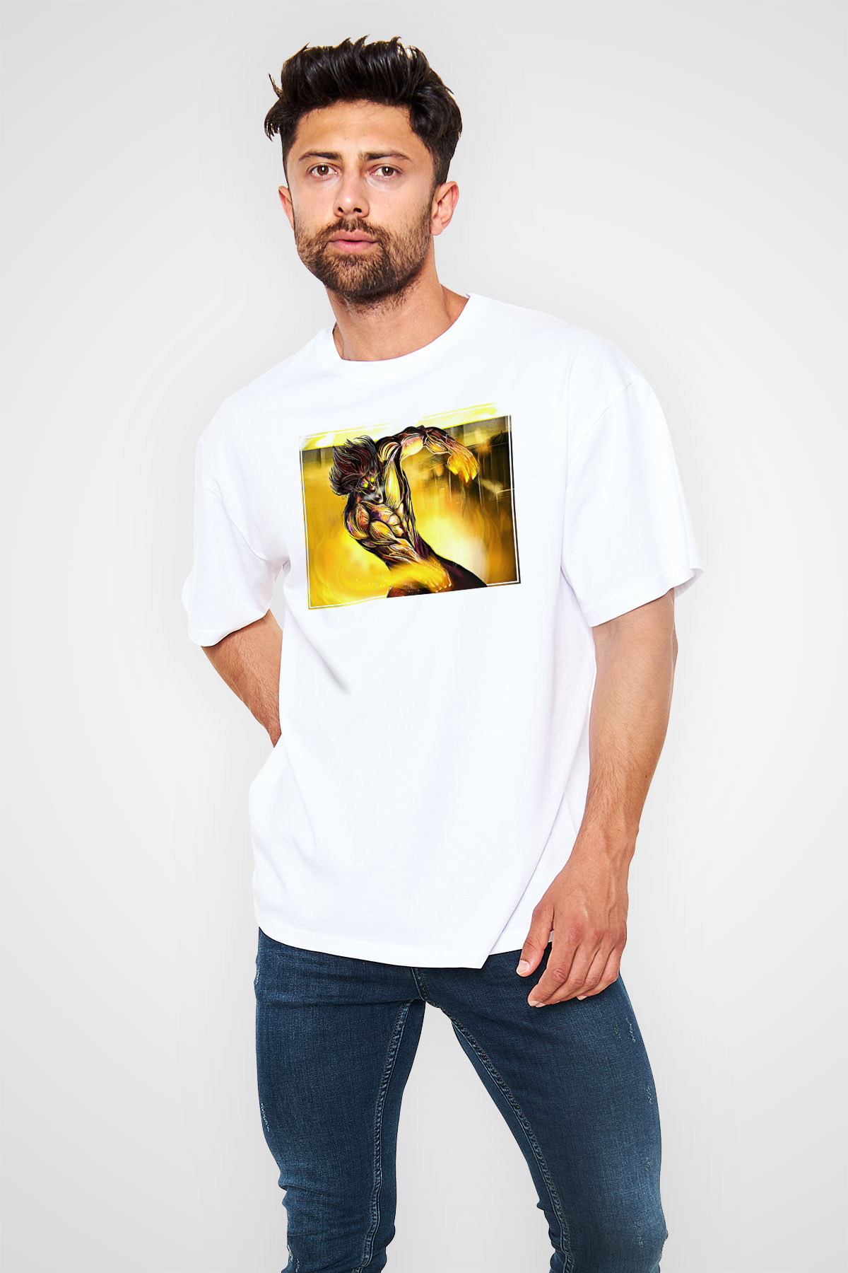 Attack On Titan Baskılı Unisex Siyah Oversize Tişört - Tshirt