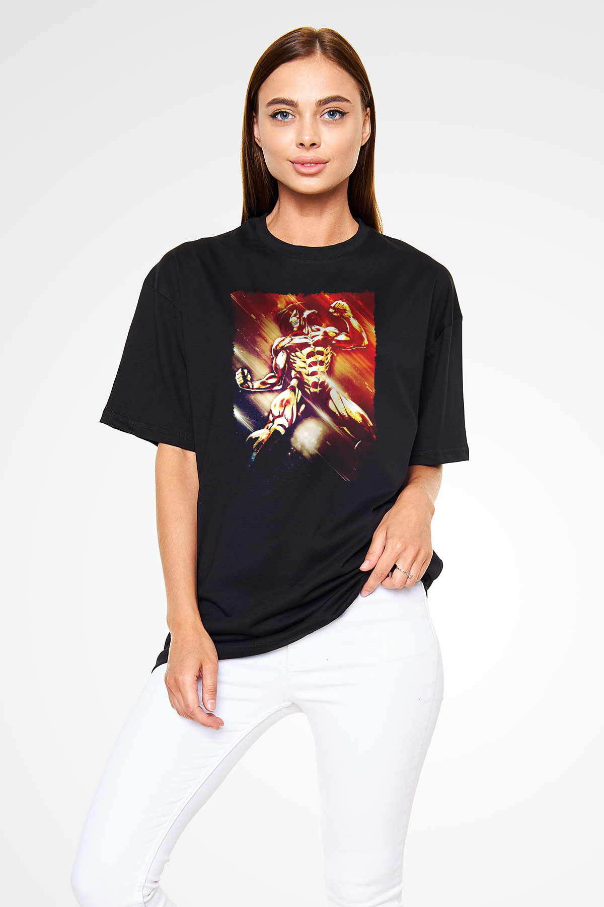 Attack On Titan Baskılı Unisex Siyah Oversize Tişört - Tshirt