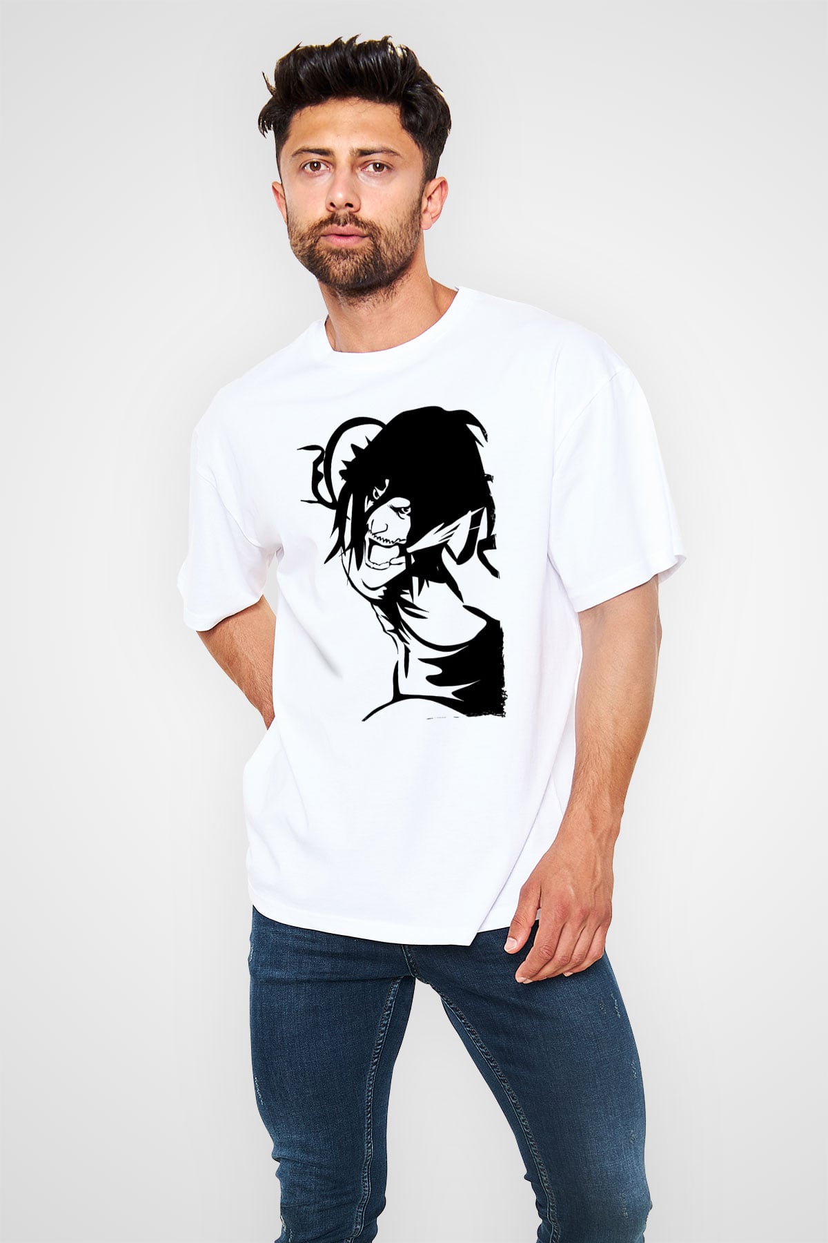 Attack On Titan Baskılı Unisex Siyah Oversize Tişört - Tshirt