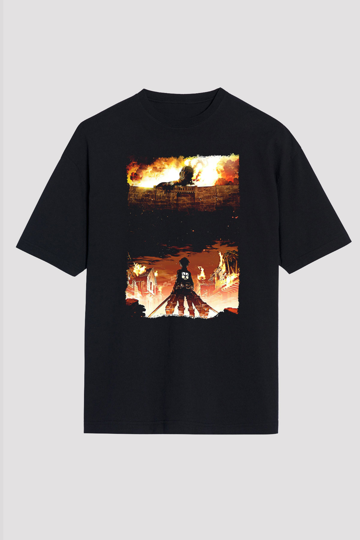 Attack On Titan Baskılı Unisex Siyah Oversize Tişört - Tshirt
