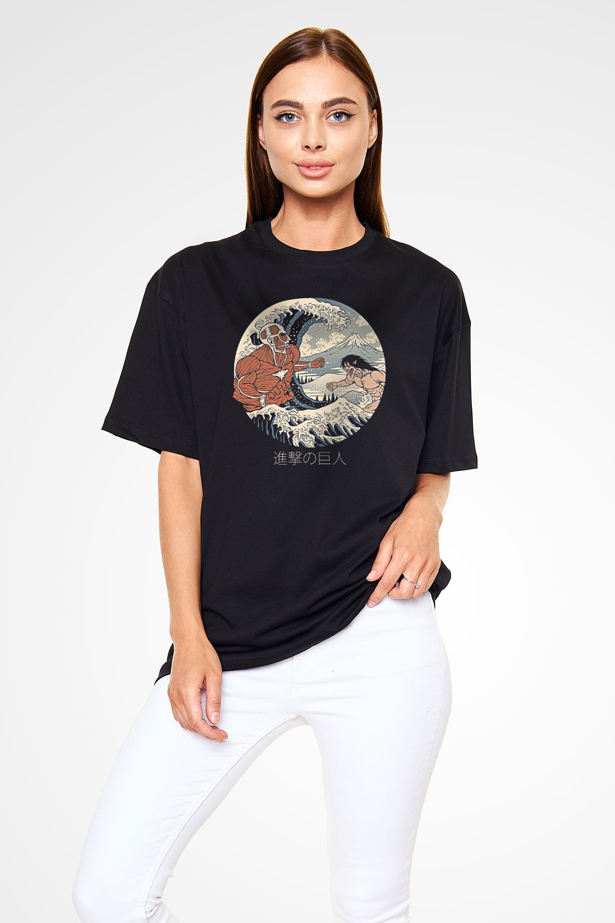 Attack On Titan Baskılı Unisex Siyah Oversize Tişört - Tshirt