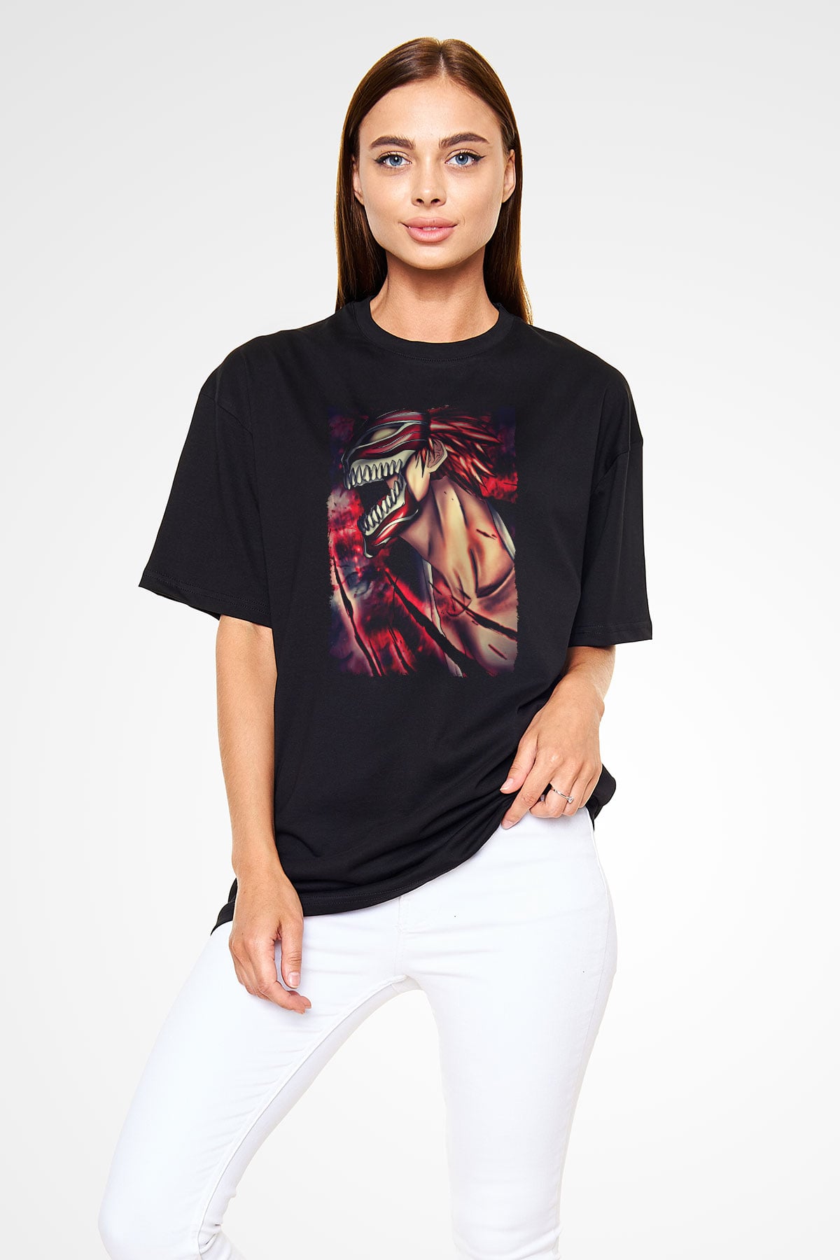 Attack On Titan Baskılı Unisex Siyah Oversize Tişört - Tshirt