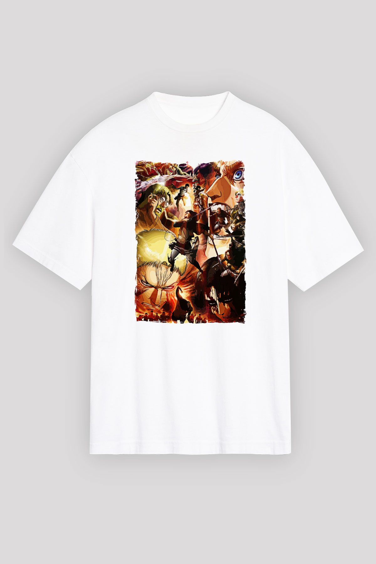 Attack On Titan Baskılı Unisex Siyah Oversize Tişört - Tshirt
