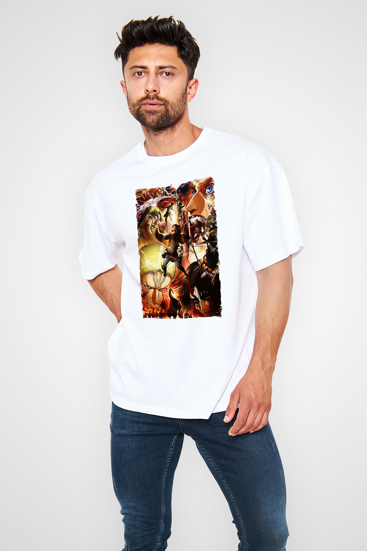 Attack On Titan Baskılı Unisex Siyah Oversize Tişört - Tshirt