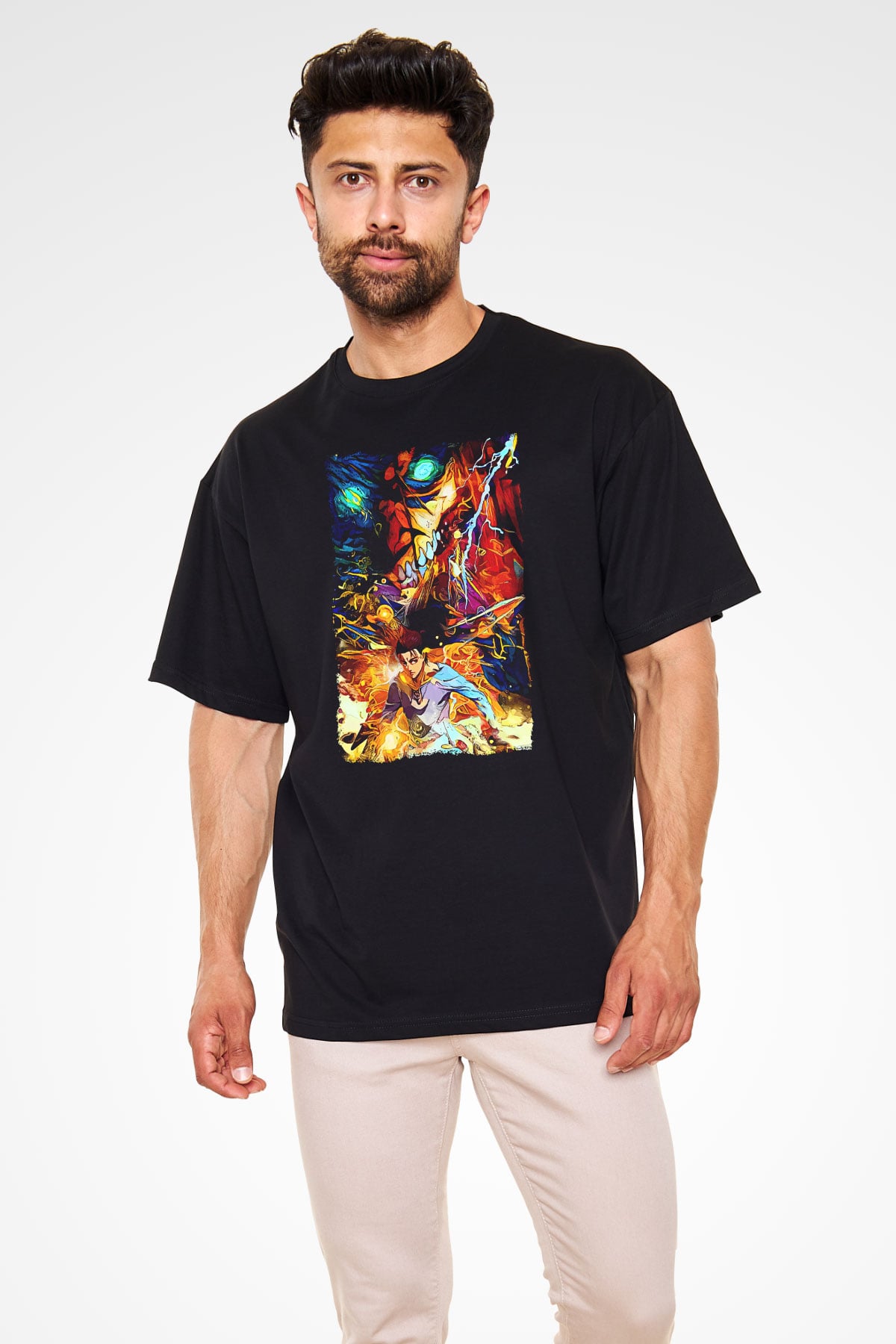 Attack On Titan Baskılı Unisex Siyah Oversize Tişört - Tshirt