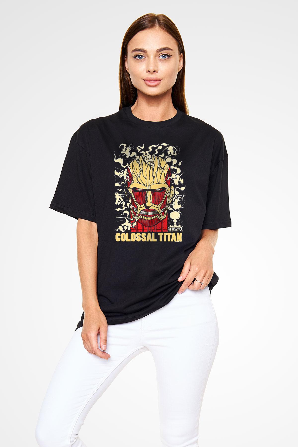 Attack On Titan Baskılı Unisex Siyah Oversize Tişört - Tshirt