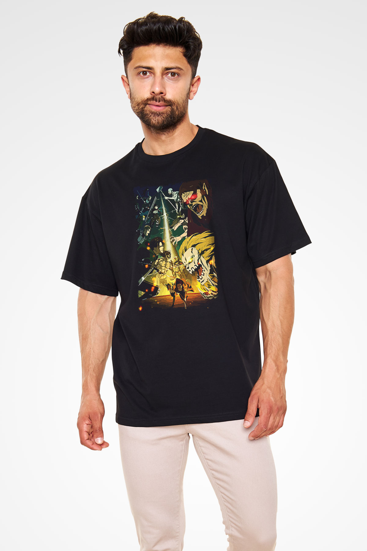 Attack On Titan Baskılı Unisex Siyah Oversize Tişört - Tshirt