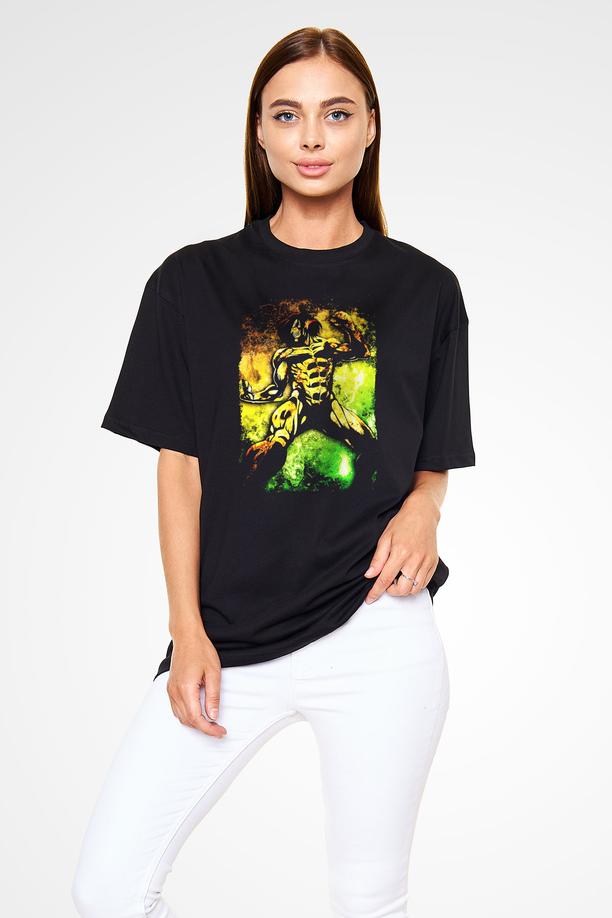 Attack On Titan Baskılı Unisex Siyah Oversize Tişört - Tshirt