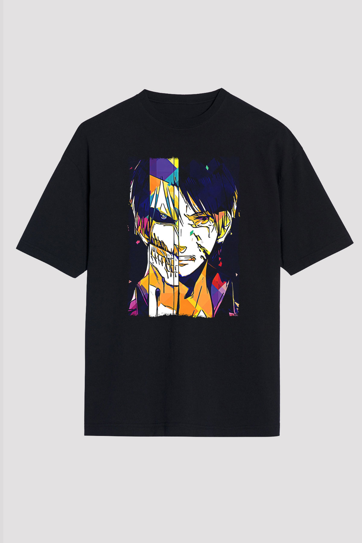 Attack On Titan Baskılı Unisex Siyah Oversize Tişört - Tshirt