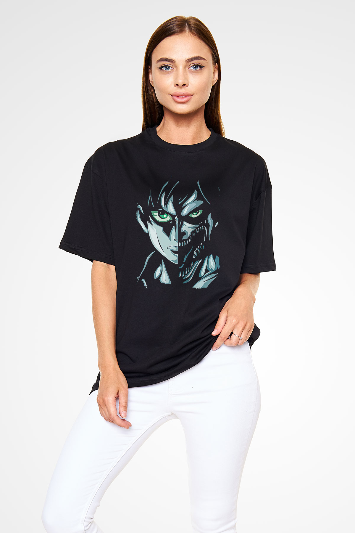 Attack On Titan Baskılı Unisex Siyah Oversize Tişört - Tshirt