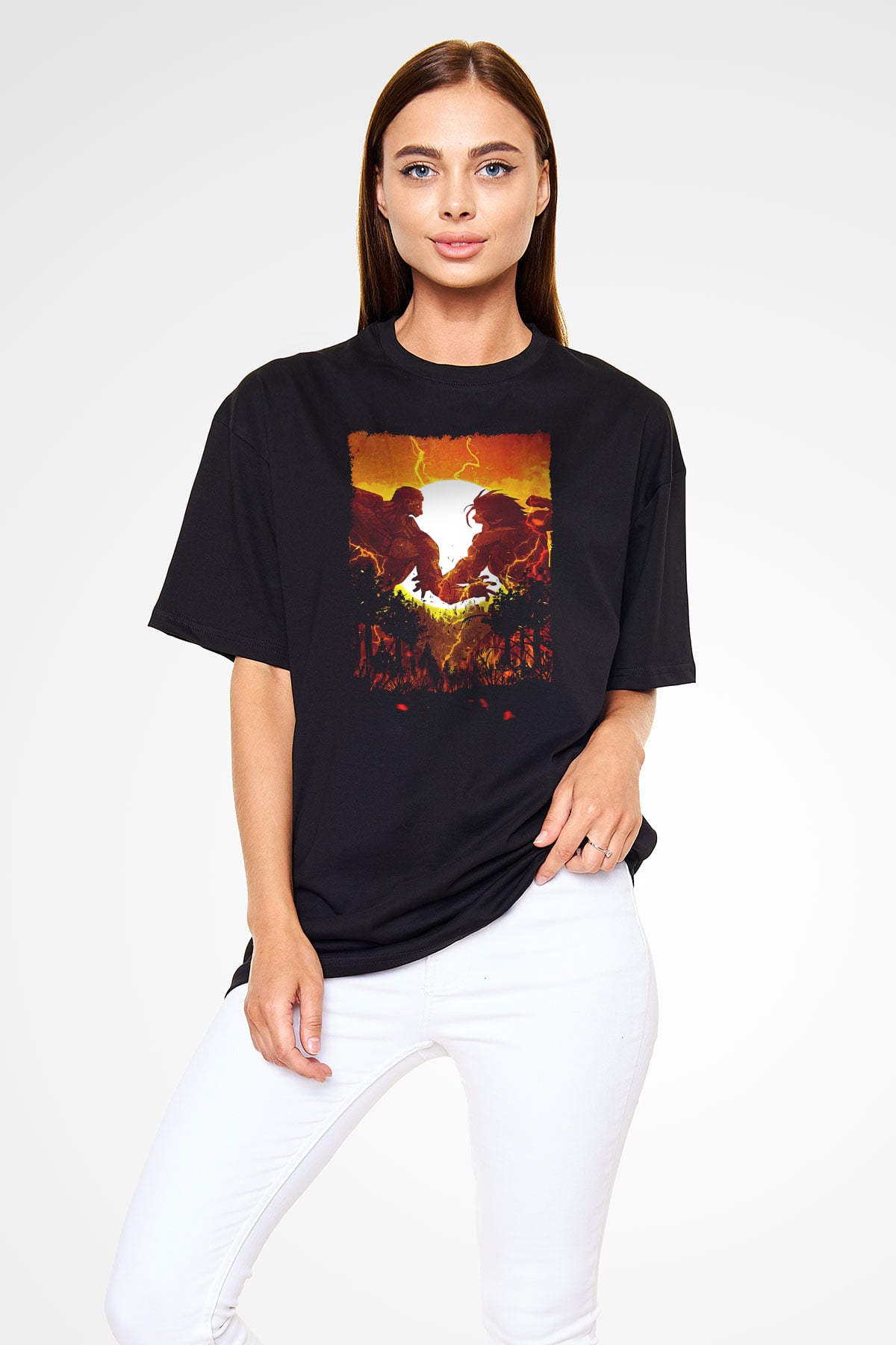 Attack On Titan Baskılı Unisex Siyah Oversize Tişört - Tshirt