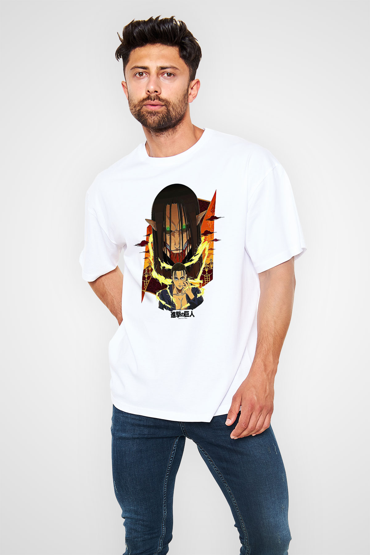 Attack On Titan Baskılı Unisex Siyah Oversize Tişört - Tshirt