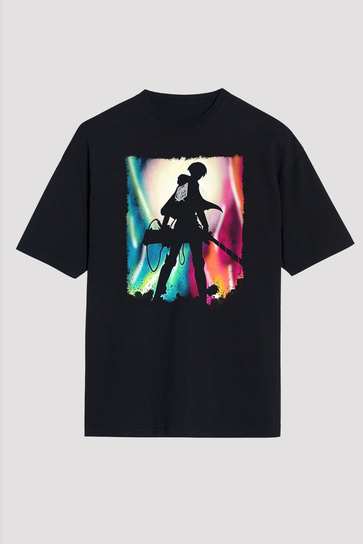 Attack On Titan Baskılı Unisex Siyah Oversize Tişört - Tshirt