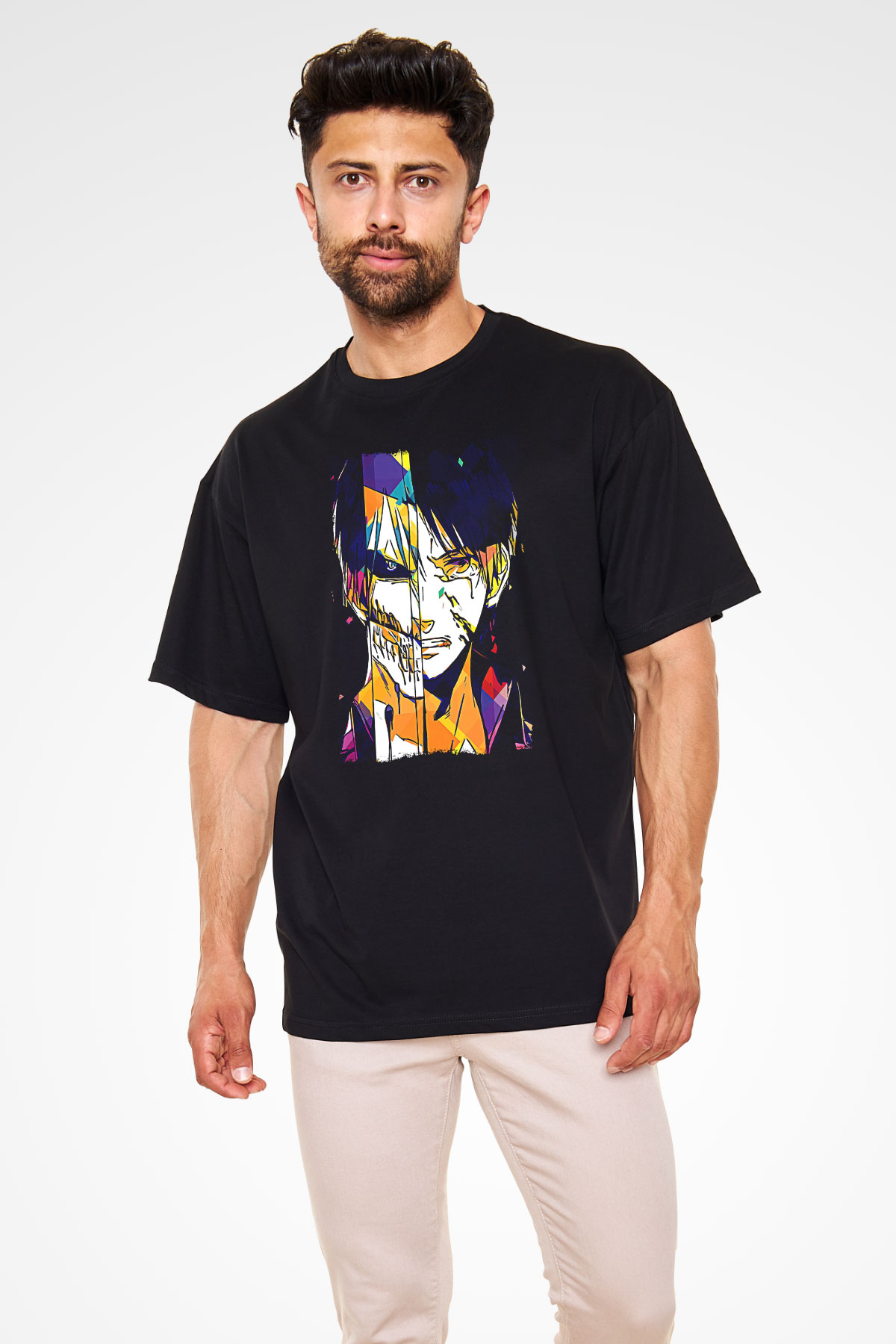 Attack On Titan Baskılı Unisex Siyah Oversize Tişört - Tshirt