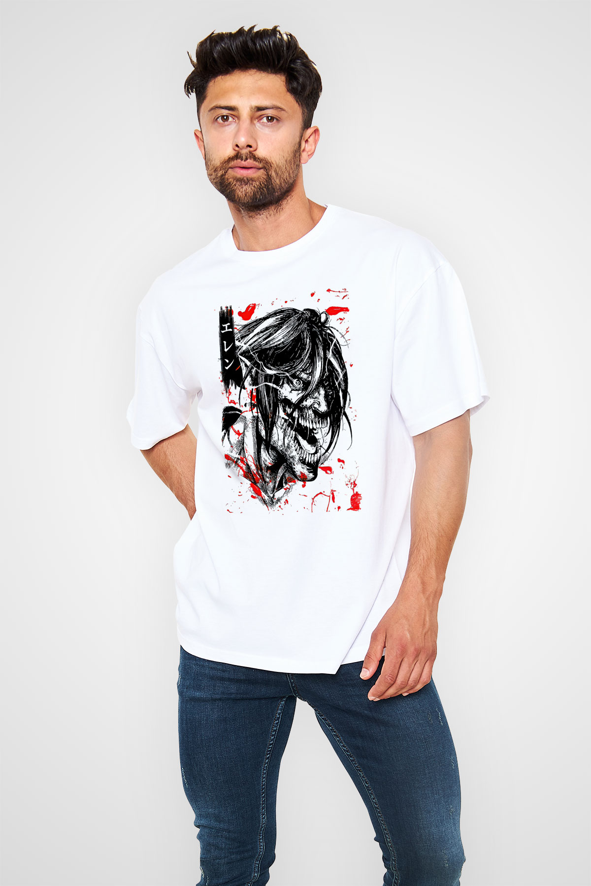 Attack On Titan Baskılı Unisex Siyah Oversize Tişört - Tshirt
